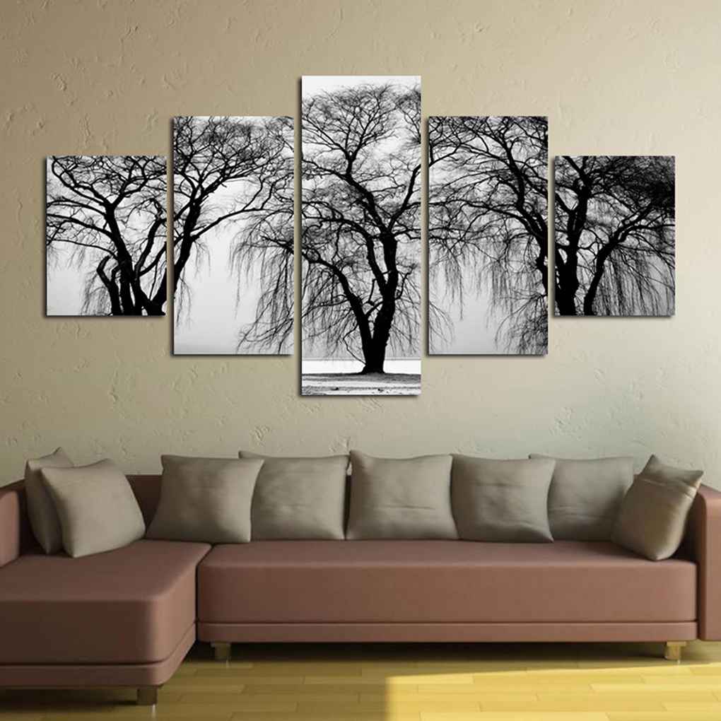 5 Panels Withered Tree Painting On Polyester Grey Background Wall Art Home Decoration for Living Room Bedroom
