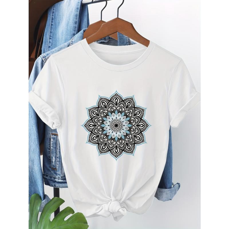 AWomen's Floral Mandala Print Short Sleeve T-Shirt Casual Round Neck Top with Teal Black Artwork Urban Style Printed T-Shirt