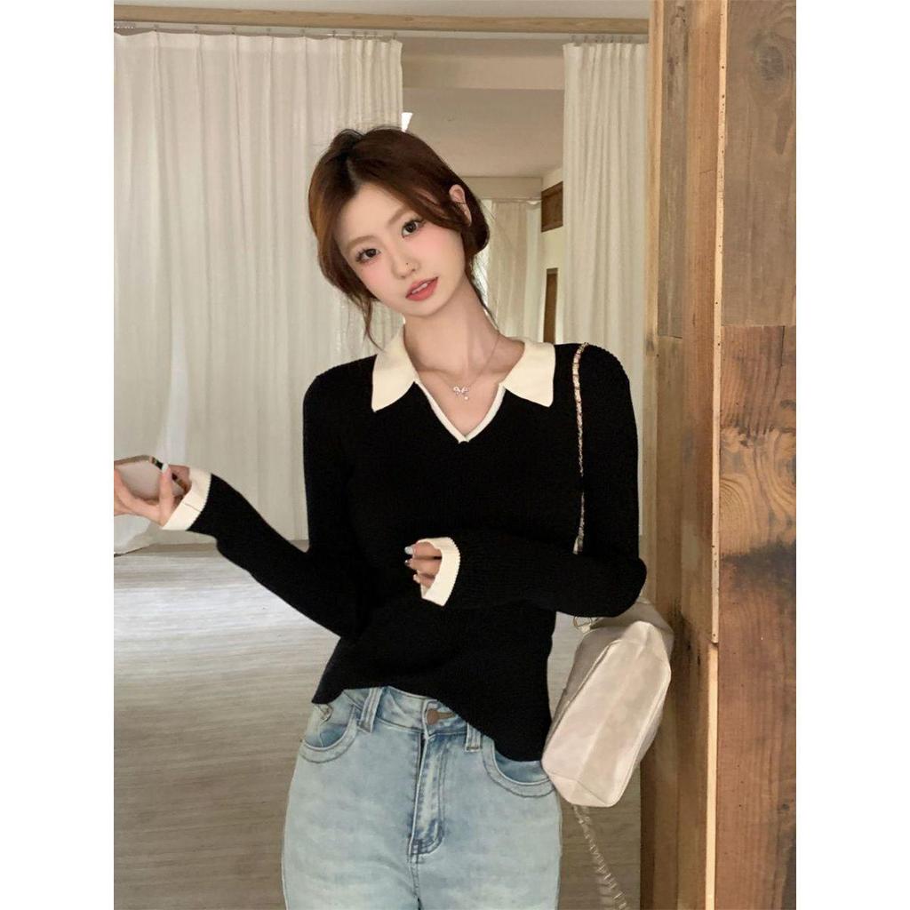 Korean Color Block Polo Collar Long Sleeve Sweater for Women - Winter Slim Fit Base Layer