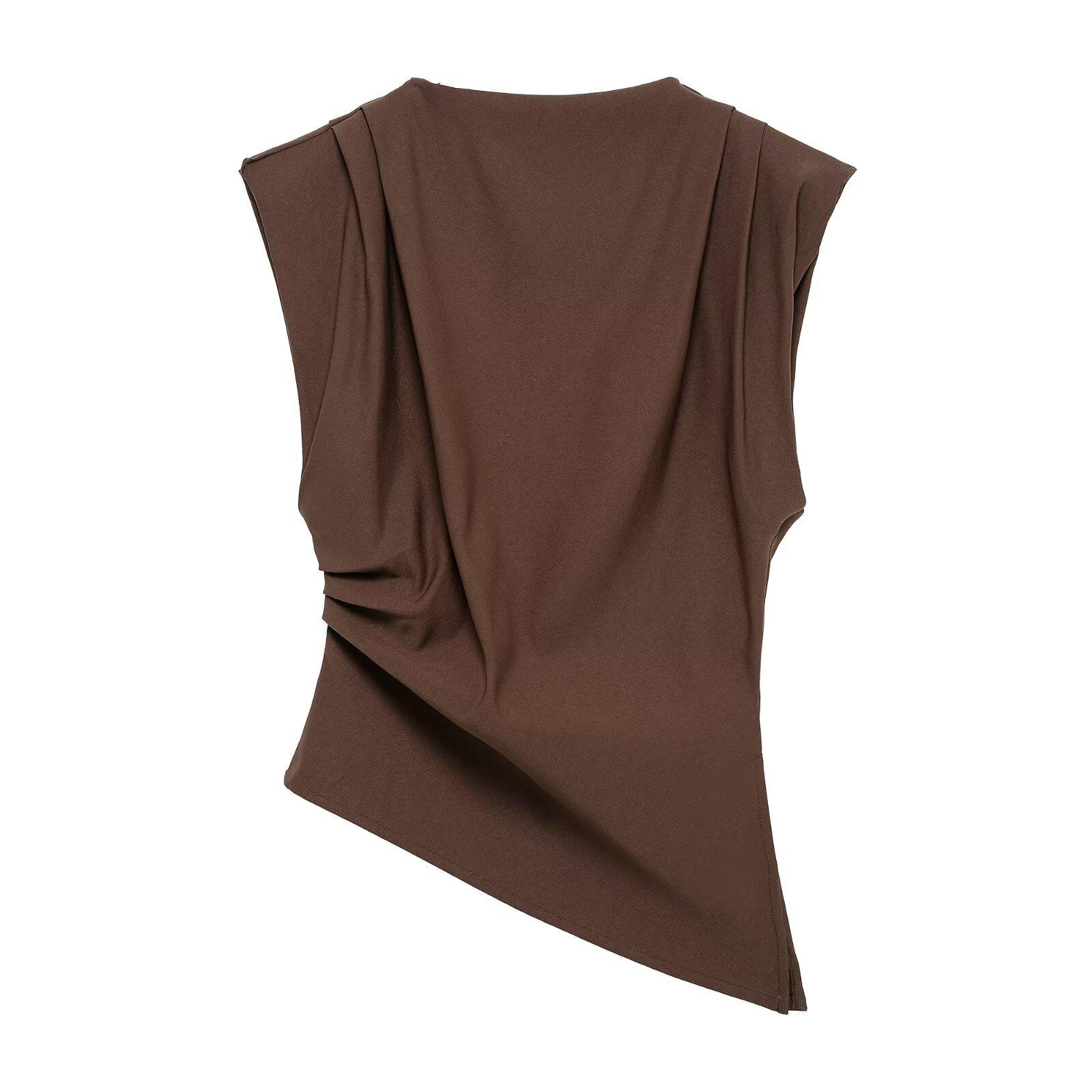 

European & American Women s 2025 Early Spring Pleated Shoulder Pad Top 233027 Small коричневий