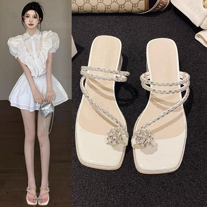 High-heeled sandals French sandals summer outer wear slippers versatile fashion flash diamond popular cool slippers women 2025 new