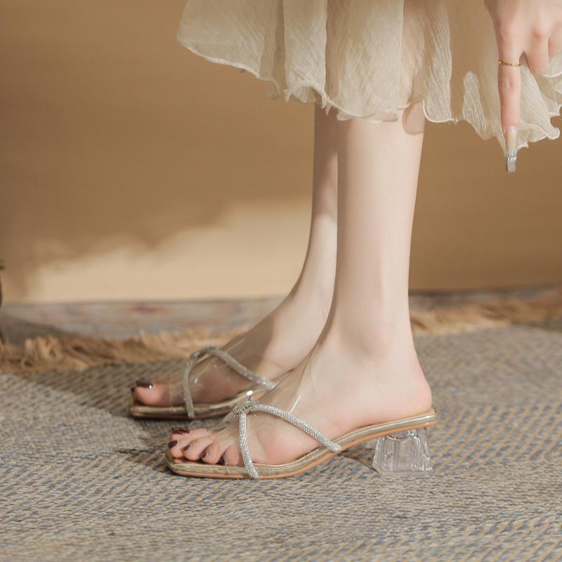 2025 summer new square head open-toed middle heel fairy style temperament with rhinestone crystal and cool slippers female muller shoes