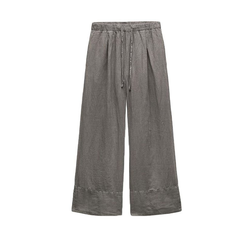 Spring New Lapel Long Sleeves Linen Blended Shirt 4877100 Mid Waist Shoelace Wide Leg Pants 4877101