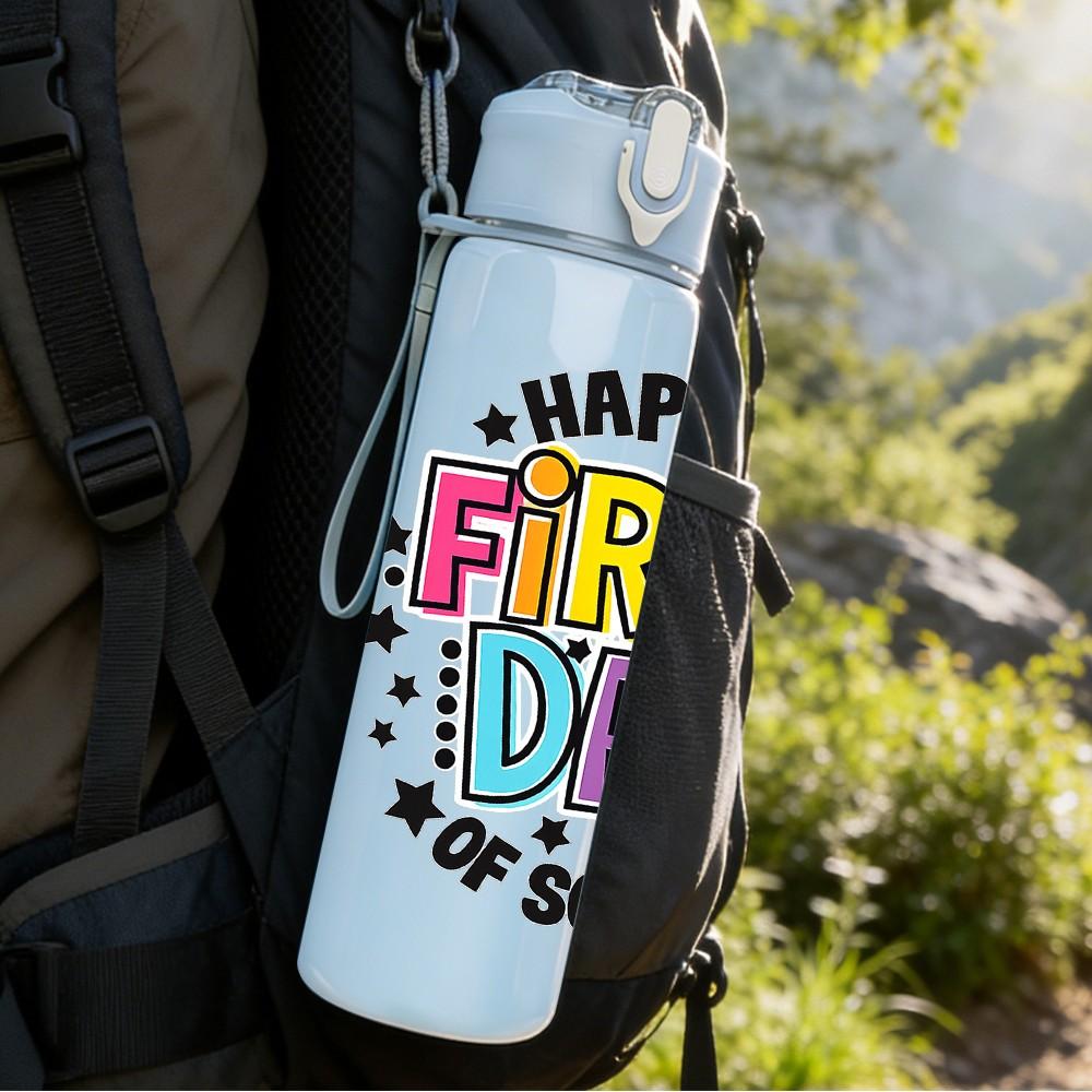 1PC Happy First Day Colorful Lettering 750ml Color Plastic Sports Water Bottle Leakproof Flip Straw Lid Suitable for Sports Office Home Use
