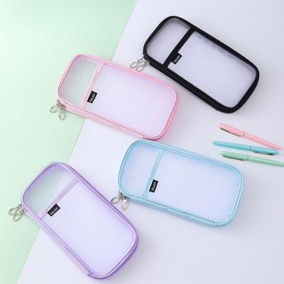 Mesh Pencil Case Large Capacity Zipper Stationery Bag Kids Clear Pen Case Portable Makeup Bag