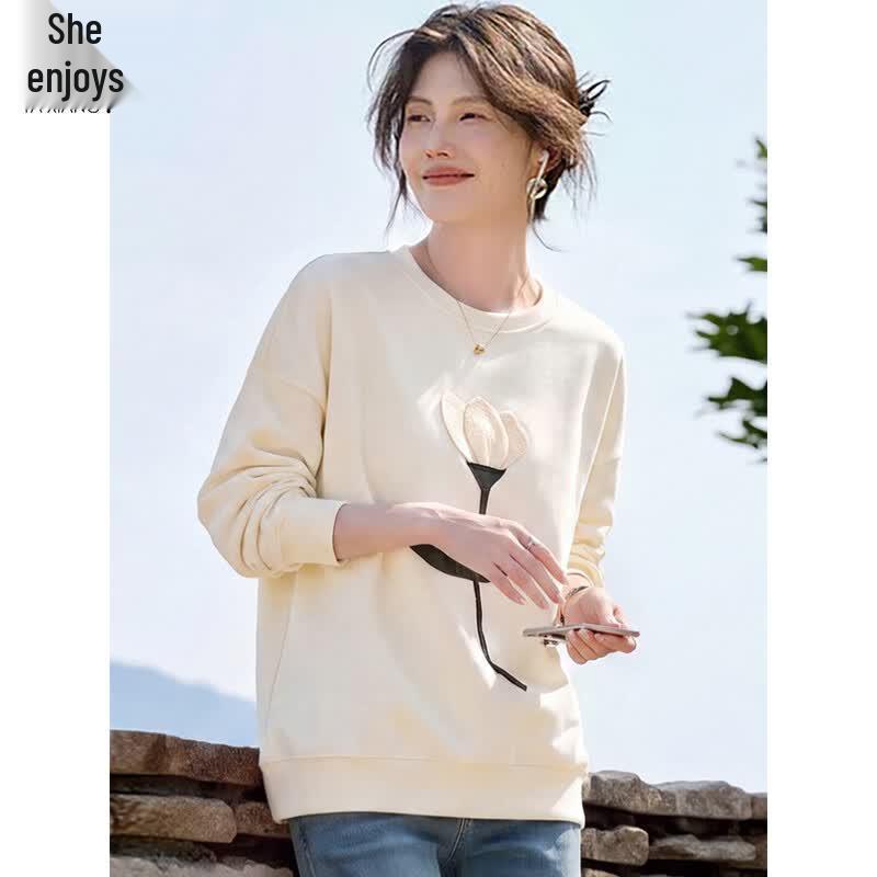 Women's Tulip Embroidered Round Neck Sweatshirt