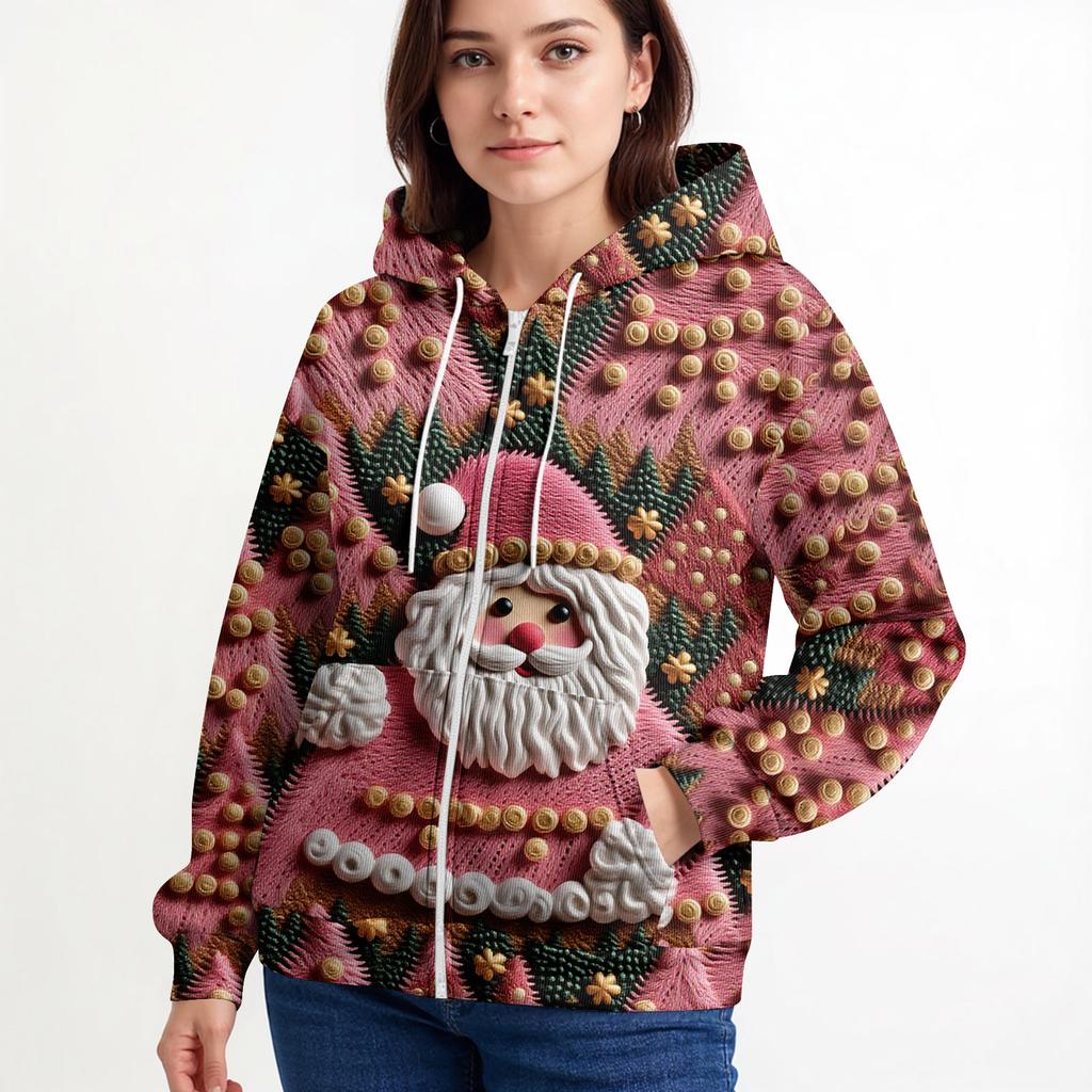Women's Casual Fashion Long-Sleeved Zip-Up Christmas Print Knitted Hoodie