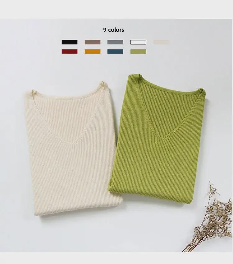 Dámský pletený pulovr s výstřihem do V slim fit: Trendy, s dlouhým rukávem, teplé na podzim a zimu