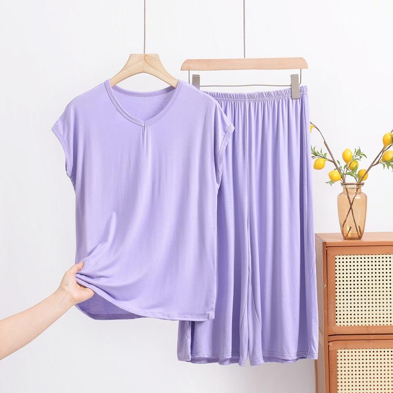 Modal V-Ausschnitt Kurzarm Caprihosen Set, Ein lockeres, übergroßes Freizeit-Zweiteiler-Set für Damen, Kann über Hauskleidung getragen werden