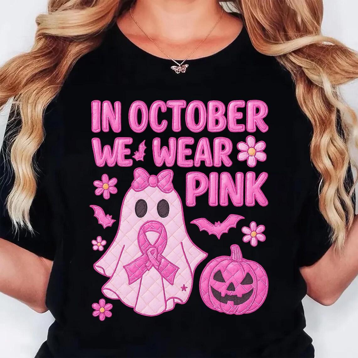 

In October We Wear Pink Ghost Halloween Graphic Tee Tshirt Top Trend Harajuku Short Sleeve Unisex Shirt Pattern Large Tshirt 4XL