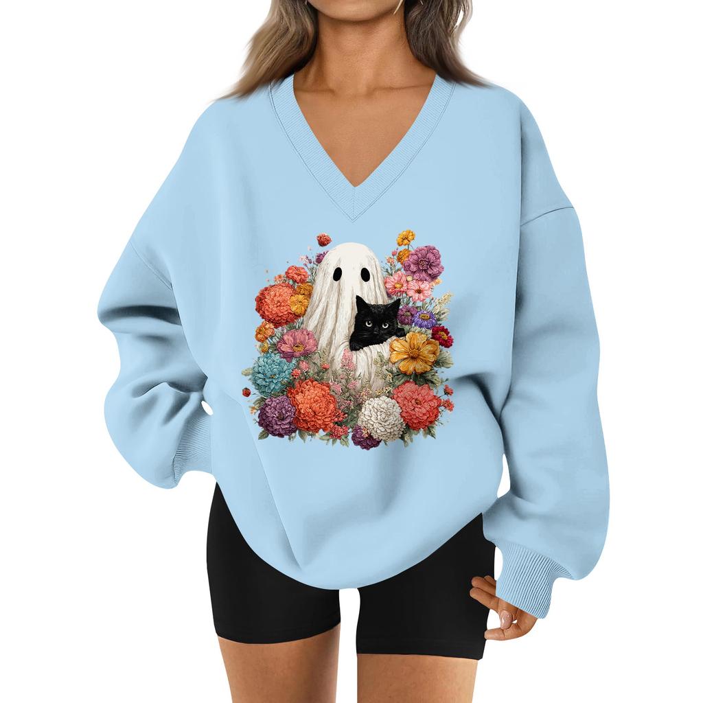 Women's V-neck Dropped Shoulder Halloween Print Sports Sweatshirt Top