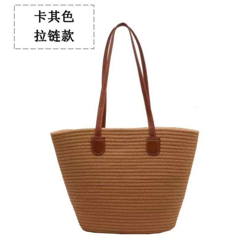 New shoulder cotton rope straw bag versatile hand-woven bag women's large-capacity tote bag seaside vacation beach bag