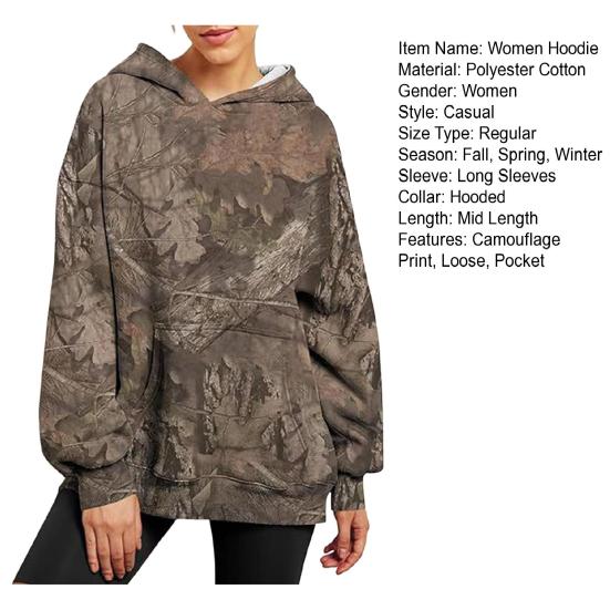 Sudadera con capucha para mujer Otoño Invierno Estampado de Hojas Bolsillo Grande Mangas Largas Gruesa Cálida Holgada Con Capucha Camuflaje Diario Deporte Superior