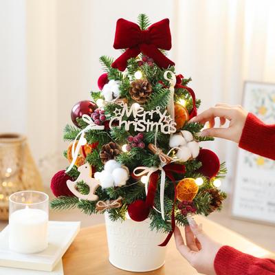Nordic Style Luxury Mini Desktop Christmas Tree with Dense PE, Iron Barrel, and Wood Stake Ornament