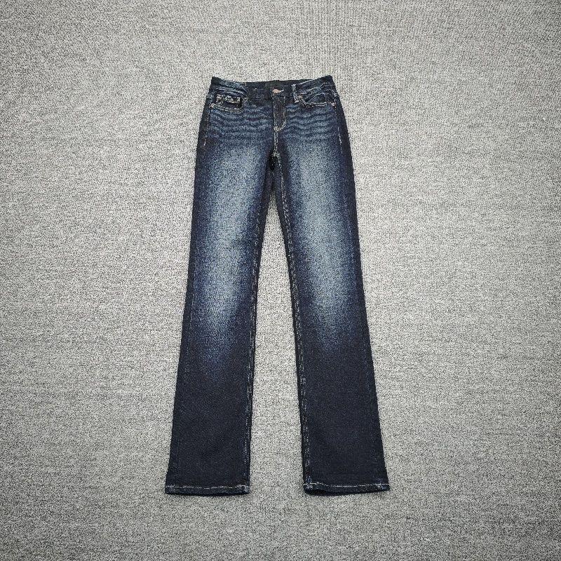 

Fashion Spring & Fall Washed White Elastic Straight Denim Cat Beard Pattern Hip Raise Slimming Chubby Girl Smoke Tube Extra Long Women s Pants Dark blue 26/34