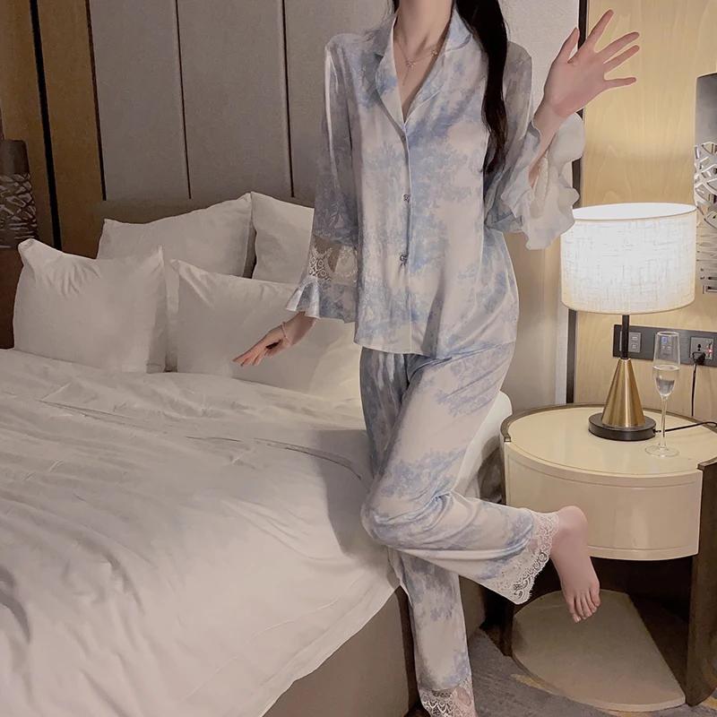 For Women Pajamas Set Latest Chinese Style Classic Lace Satin Print Ladies Tops and Pants Pajamas Home Clothes Set