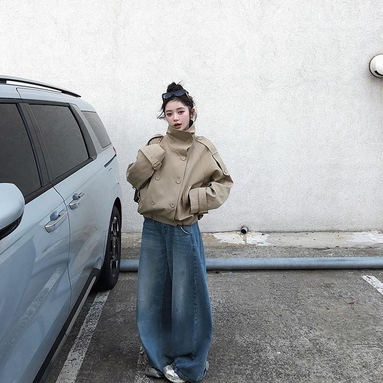 Women's Stand Collar Double Breasted Cropped Trench Coat Loose Fit Long Sleeve Solid Polyester Windbreaker Jacket