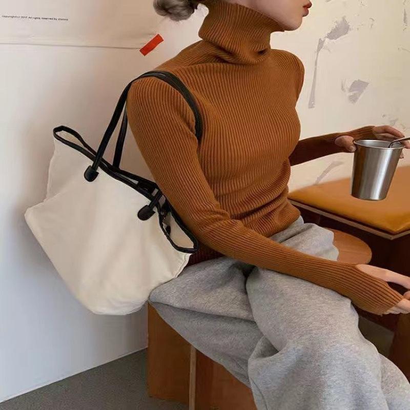 Women Heaps Collar Turtleneck Sweaters Autumn Winter Slim Pullover Women Basic Tops Soft Knit Sweater Soft Warm Jumper