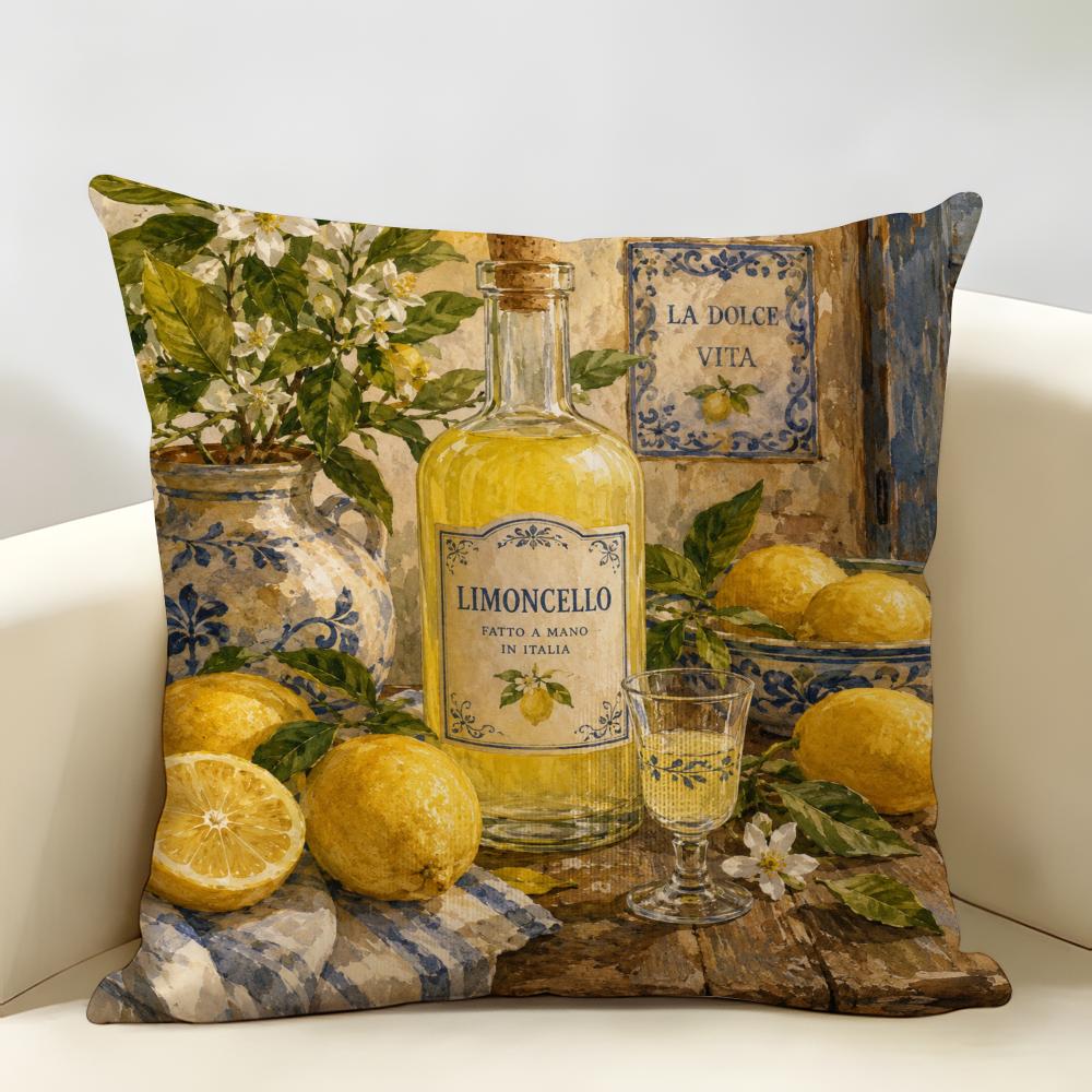 Limoncello Gouache Painting Cushion Cover Durable Hypoallergenic Organic Linen Pillow Cover Short Size Washable SkinFriendly