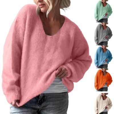 Women's Fashion Casual V-neck Solid Color Long-sleeve Knitted Sweater Top