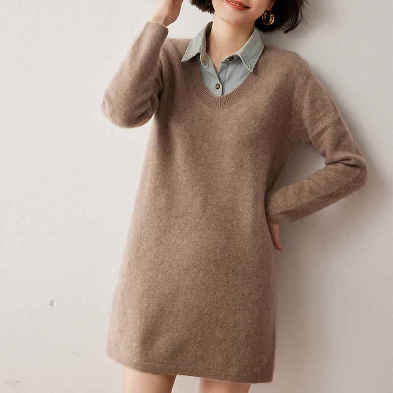Cashmere Knit U-Neck Mid-Length Sweater Dress - Autumn/Winter Loose Fit Japanese Style.