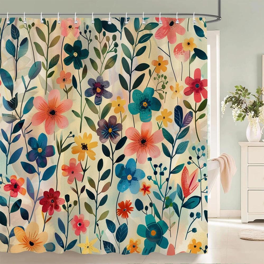 Home Shower Curtains for Bathroom Waterproof Fabric Spring Floral  and Plants Bathroom Curtains with Hooks Decorative Curtain