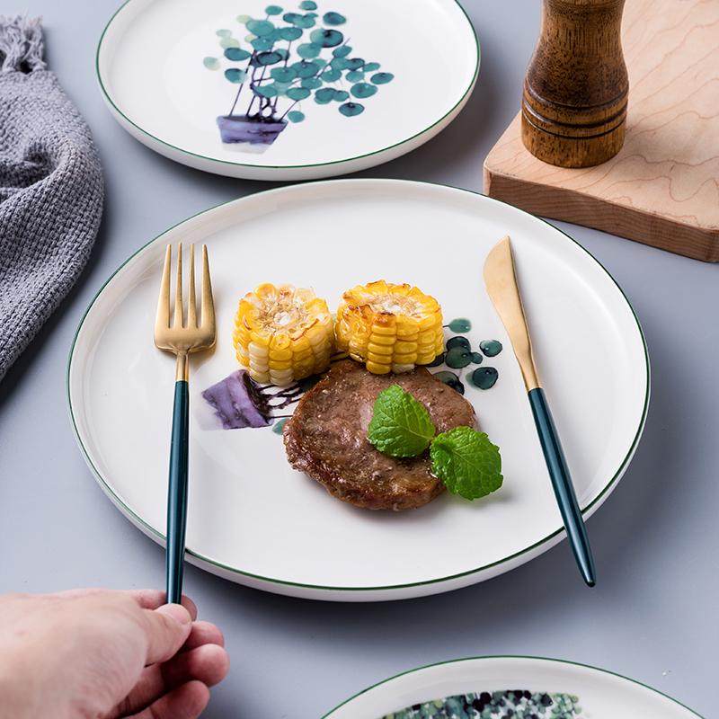 Ceramic Breakfast Plate, Nordic Green Plant Pattern Tableware, Home Kitchen, Fruits, Desserts, Pizza Plate 8-10 Inches