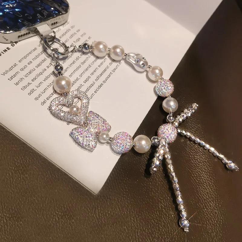 Full Diamond Love Butterfly Knot Bracelet Mobile Phone Lanyard Handmade Beaded Chain Sparkling Diamond Transparent Wrist Strap