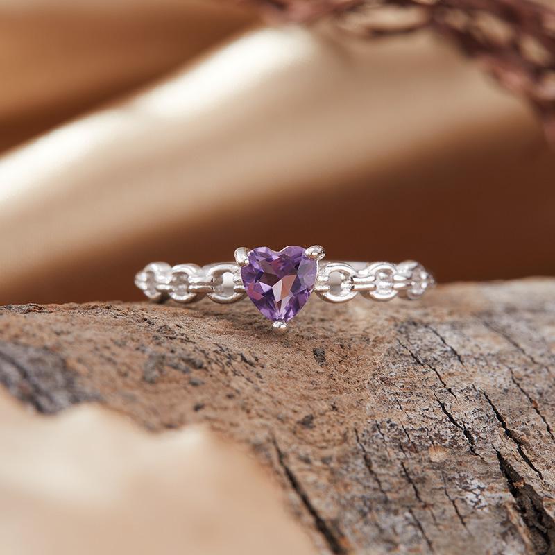 Natural Amethyst Topa Garnet Diopside Colored Treasure Love Ring Women'S S925 Sterling Silver Heart-Shaped Index Finger Ring
