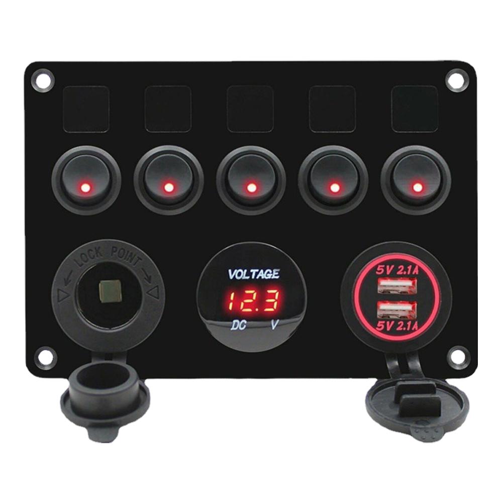 5 Gang 12V/24V Inline Fuse Box Boat Switch Panel Dual USB Car Switch Panel Waterproof with Digital Voltmeter for Truck RV Boat