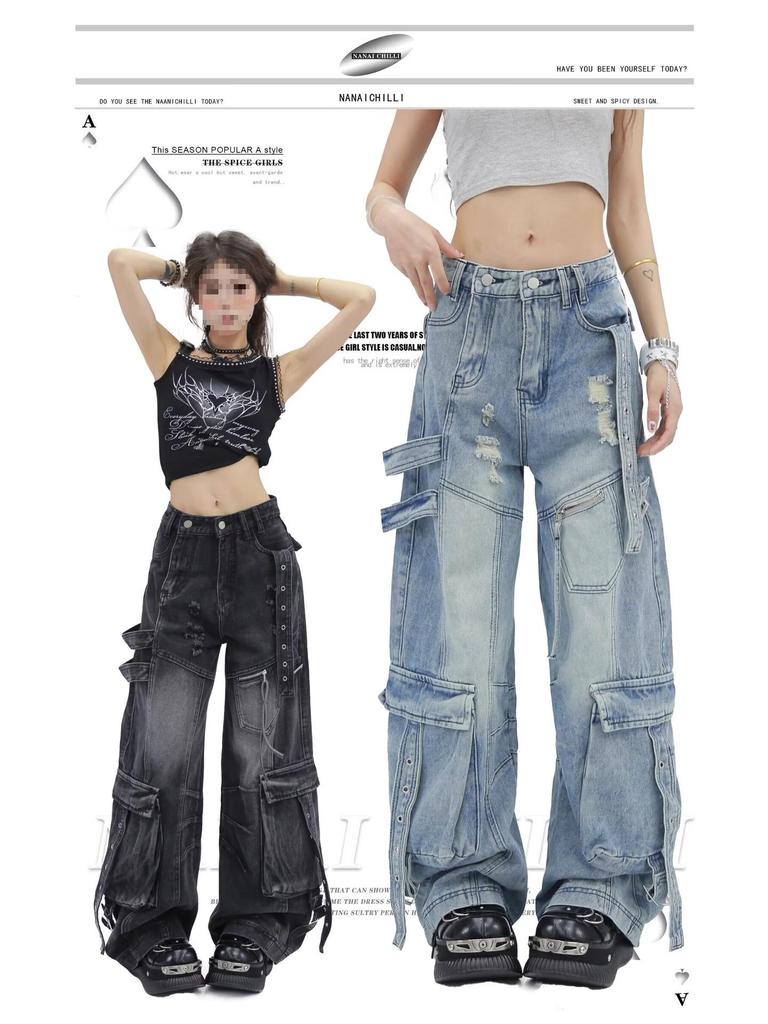 Damen Deconstructed Cargo-Jeans mit mehreren Taschen und Rissen - Gewaschen, Lockerer Gerader Weiter Bein