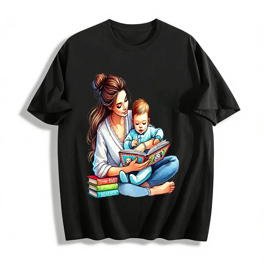 Warm Parent Child Reading Time Graphic Adult Top Pure cotton T-shirt XXS