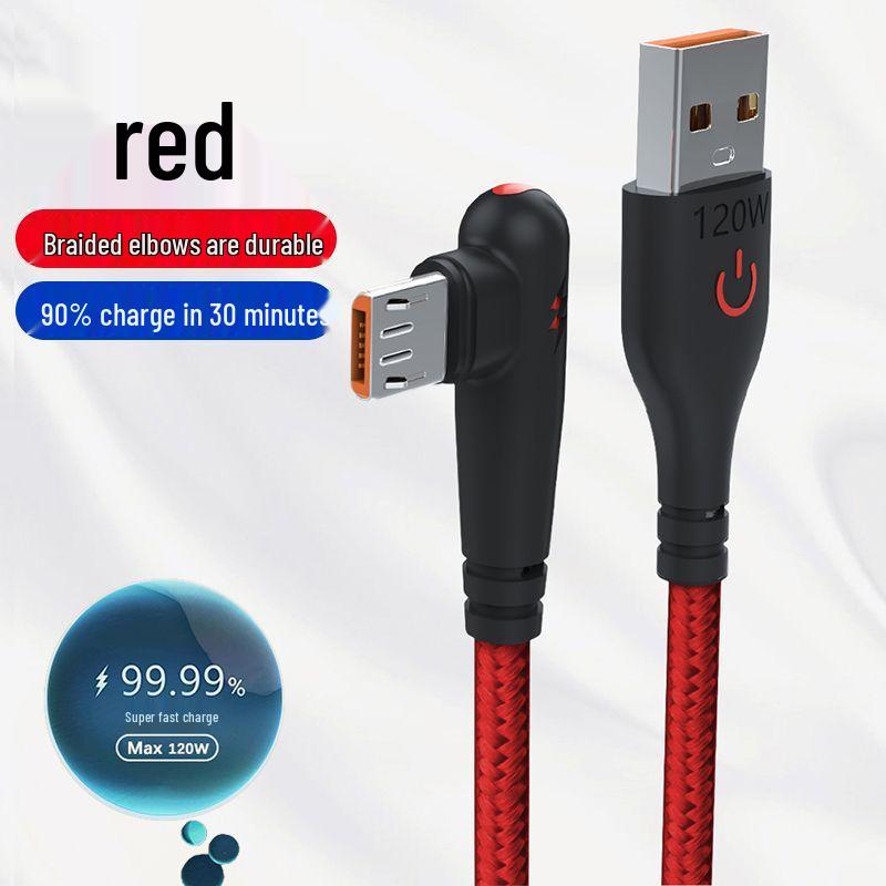 120W Fast Charging Elbow Data Cable for Android - Compatible with Huawei, Vivo, Oppo, Meizu with 6A Flash Charge