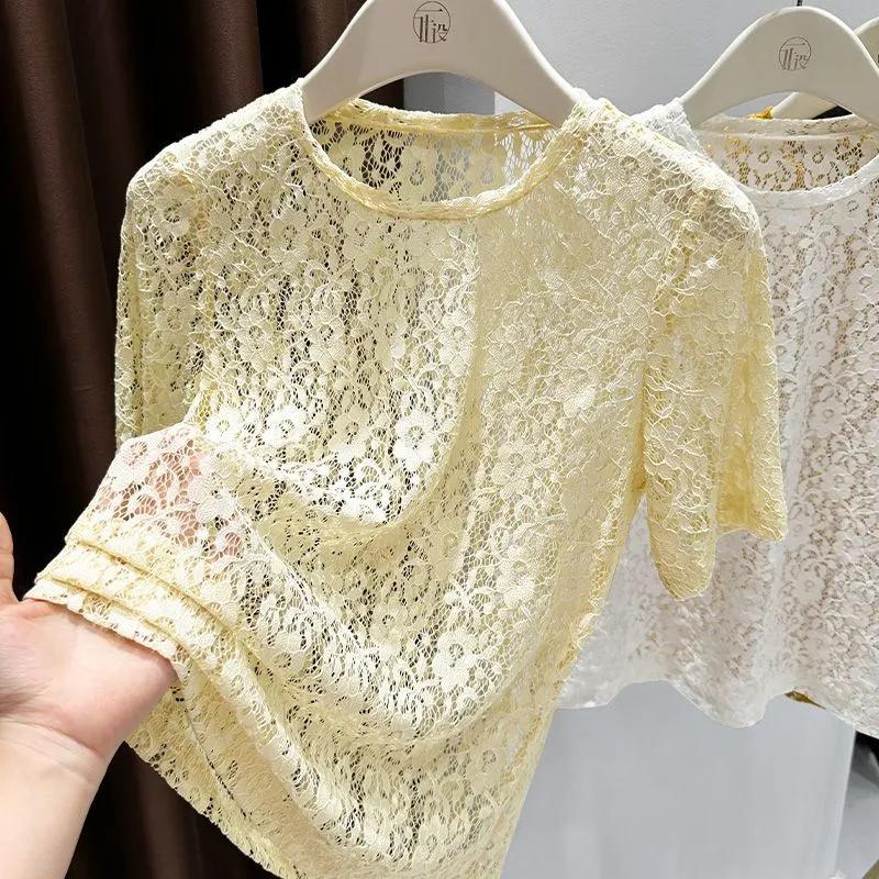 Top Sottogiacca T-shirt da Donna Estiva con Intagli in Pizzo a Maniche Corte