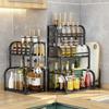 Floor-standing Black Stainless Steel Kitchen Rack: Multi-layer Knife, Seasoning, and Chopstick Storage Shelf