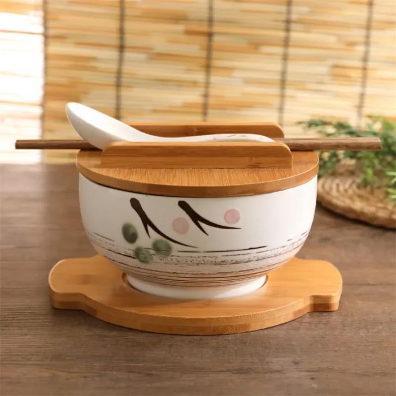 Japanese Style Rice Noodle Bowl with Lid Spoon and Chopstick Kitchen Tableware Ceramic Salad Soup Bowl Food Container Dinnerware