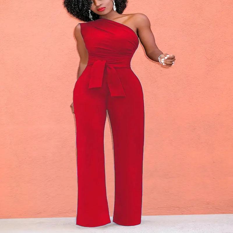 Women's Jumpsuit Solid Skew Collar Crop Top Straight Pants Belt Sexy Sleeveless Loose Pants Elegant Charming Playsuits