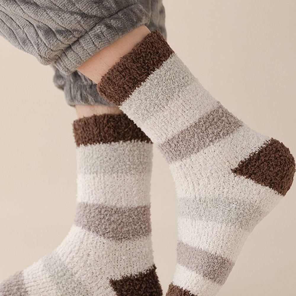 Lässige Warme Streifen Dicke Plüsch Weiche Baumwolle Strumpfwaren Mittelrohrsocken Herrensocken Korallenfleece-Socken