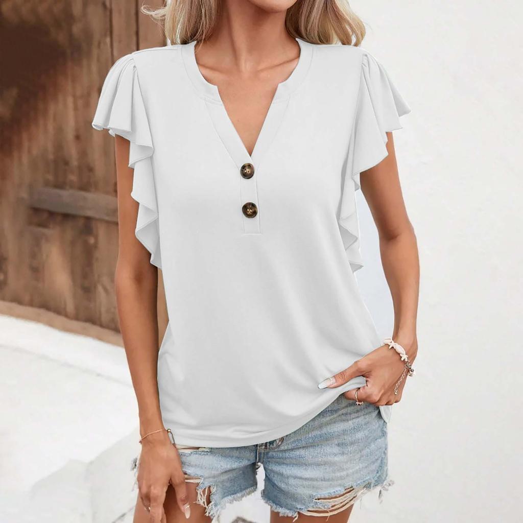 Women's Summer Short Sleeves Button V Neck Loose Casual Solid Color Casual Comfy Tops