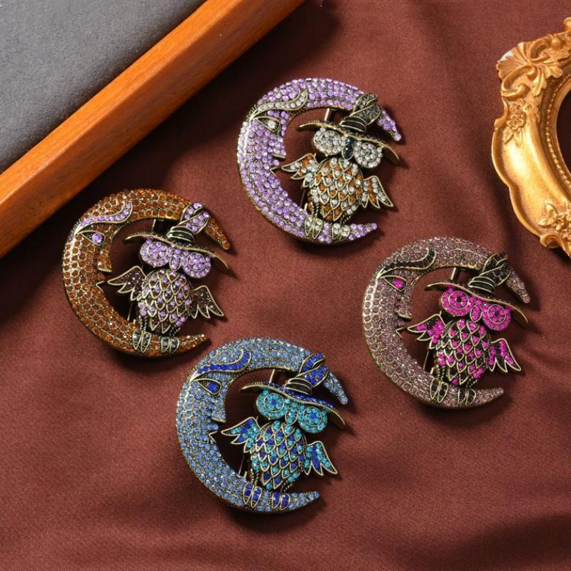 Vintage Mond Eule Brosche für Damen Strass Tier Party Korsagen Nadeln Geschenk