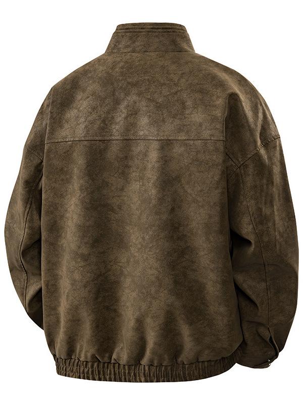 Men's Gray PU Leather Stand Collar Retro Workwear Jacket for Spring/Autumn