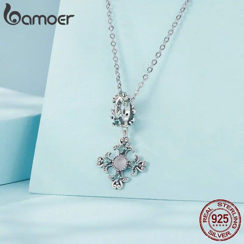 Bamoer Iris Cross přívěsek pro ženy 925 Sterling Silver Křížový přívěsek Květina Počáteční přívěsek fit přívěsek Vánoční DIY