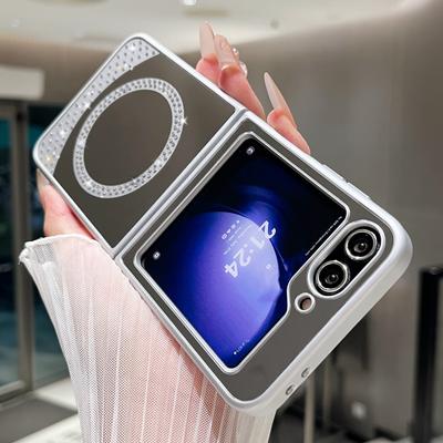 Magnetisches Kabelloses Ladecase Für Samsung Galaxy Z Flip 6 5 4 3 Kosmetikspiegel Bling Funkelnde Diamanten Stoßfeste Harte Hülle