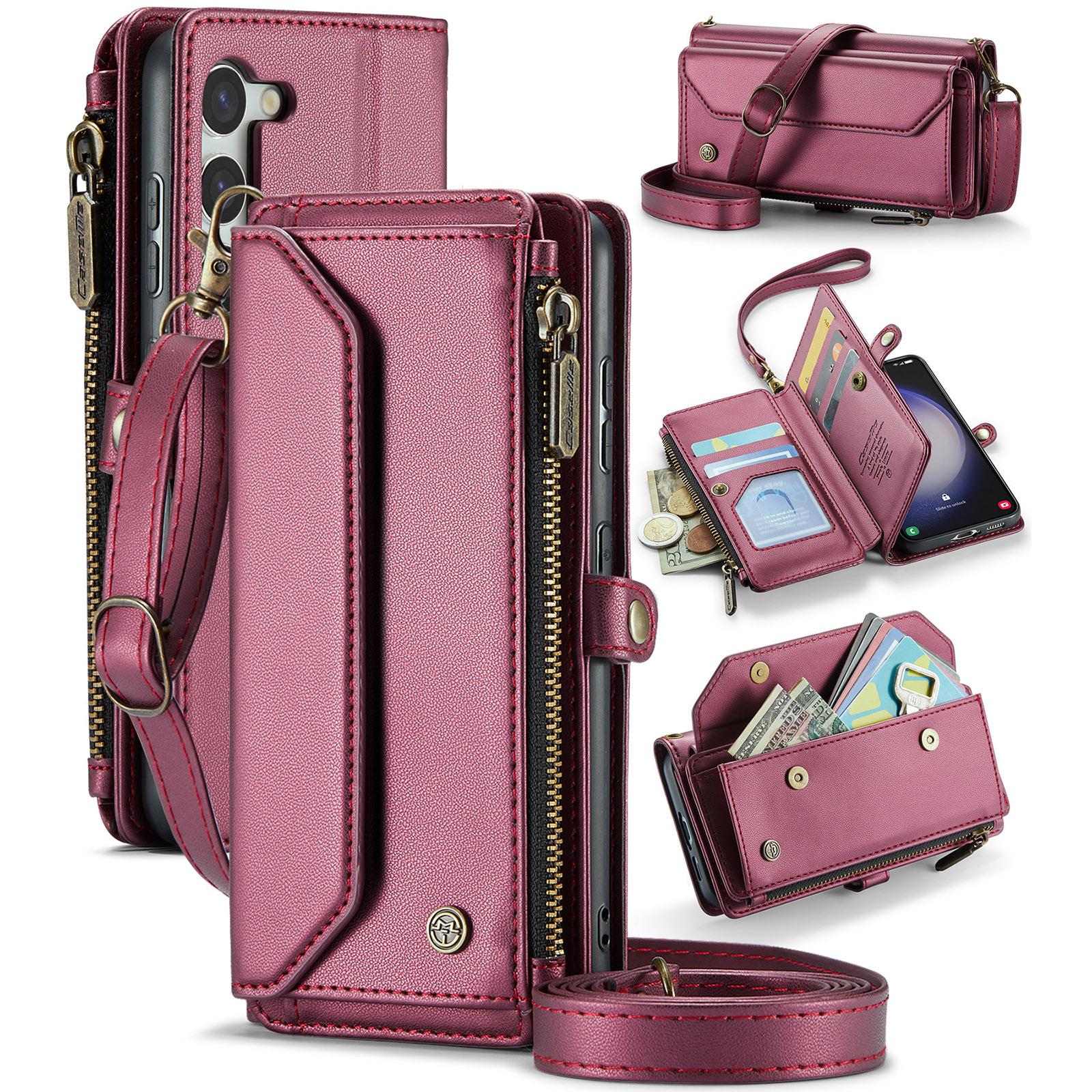 

For Samsung Galaxy S23+ Leather Case CASEME C36 Zipper Multiple Card Slots Phone Cover with Straps Wine Red