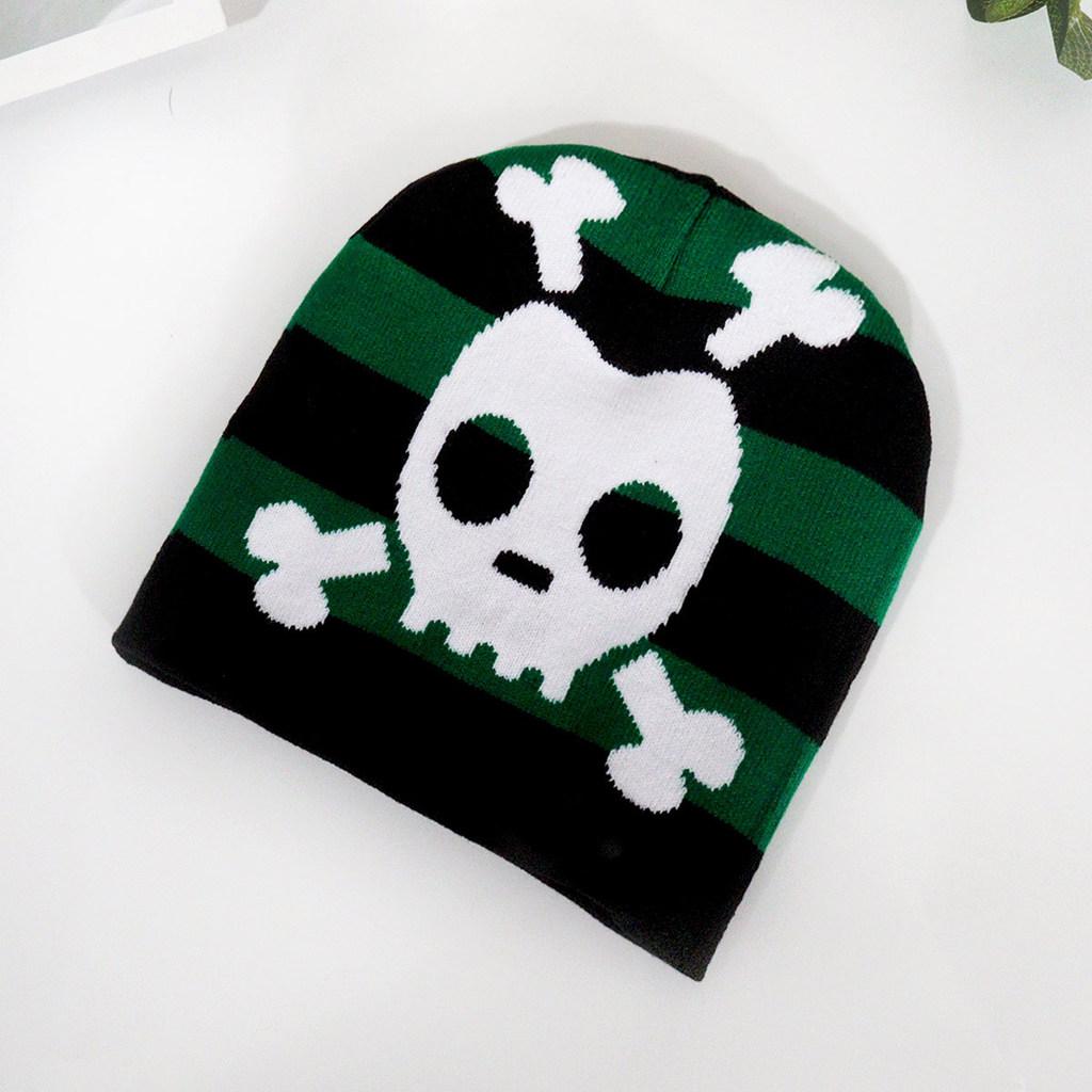 Fashion Color Blocked Striped Skull Pattern Neutral Casual Warm Knitted Hat For Streetwear And Hiphop Fans