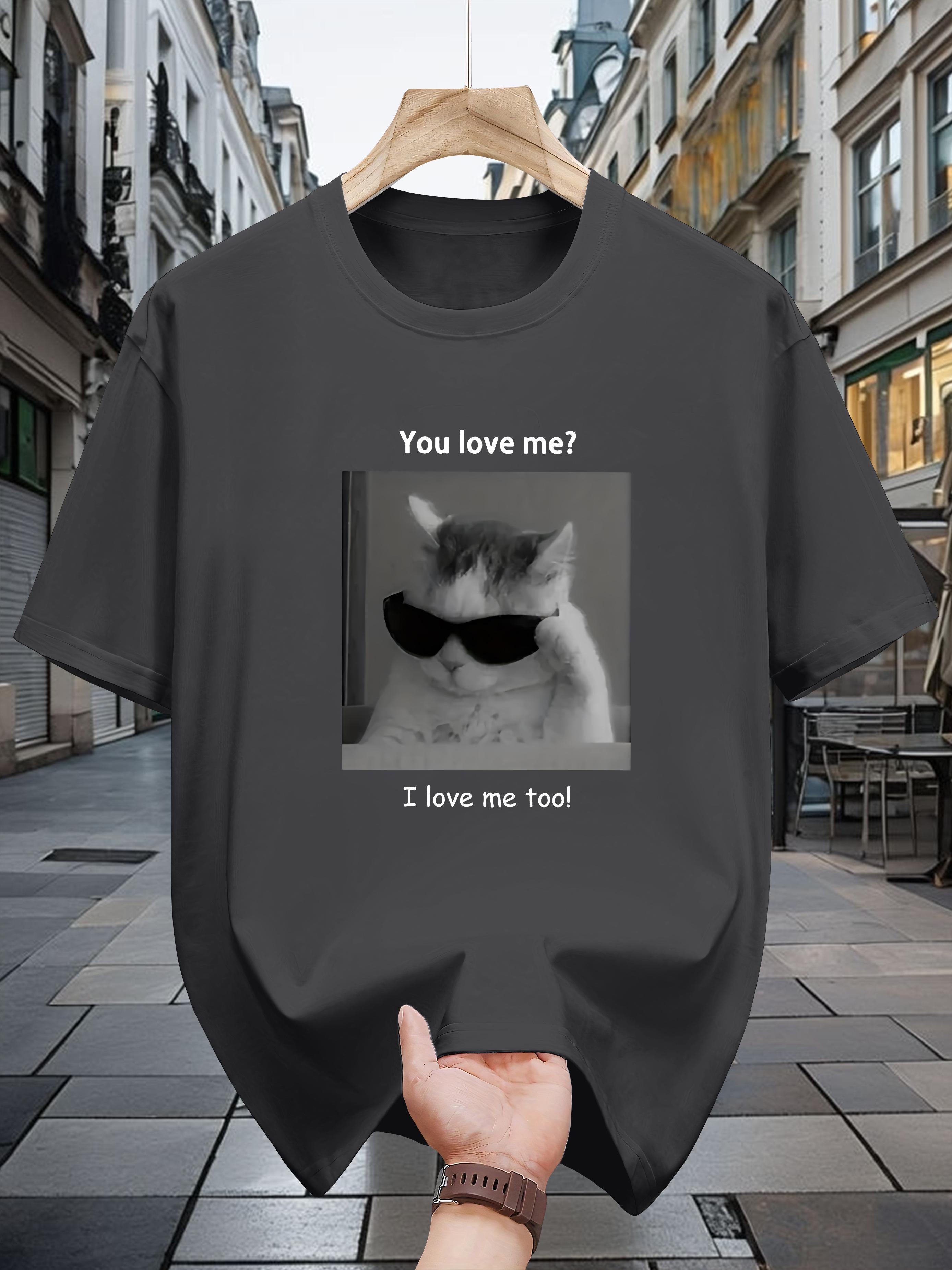 

Niuwang Selection 200g 100% Cotton Short Sleeve T-shirt - Black Casual Graphic Tee with Playful Cat & You Love Me I Love Me Text M