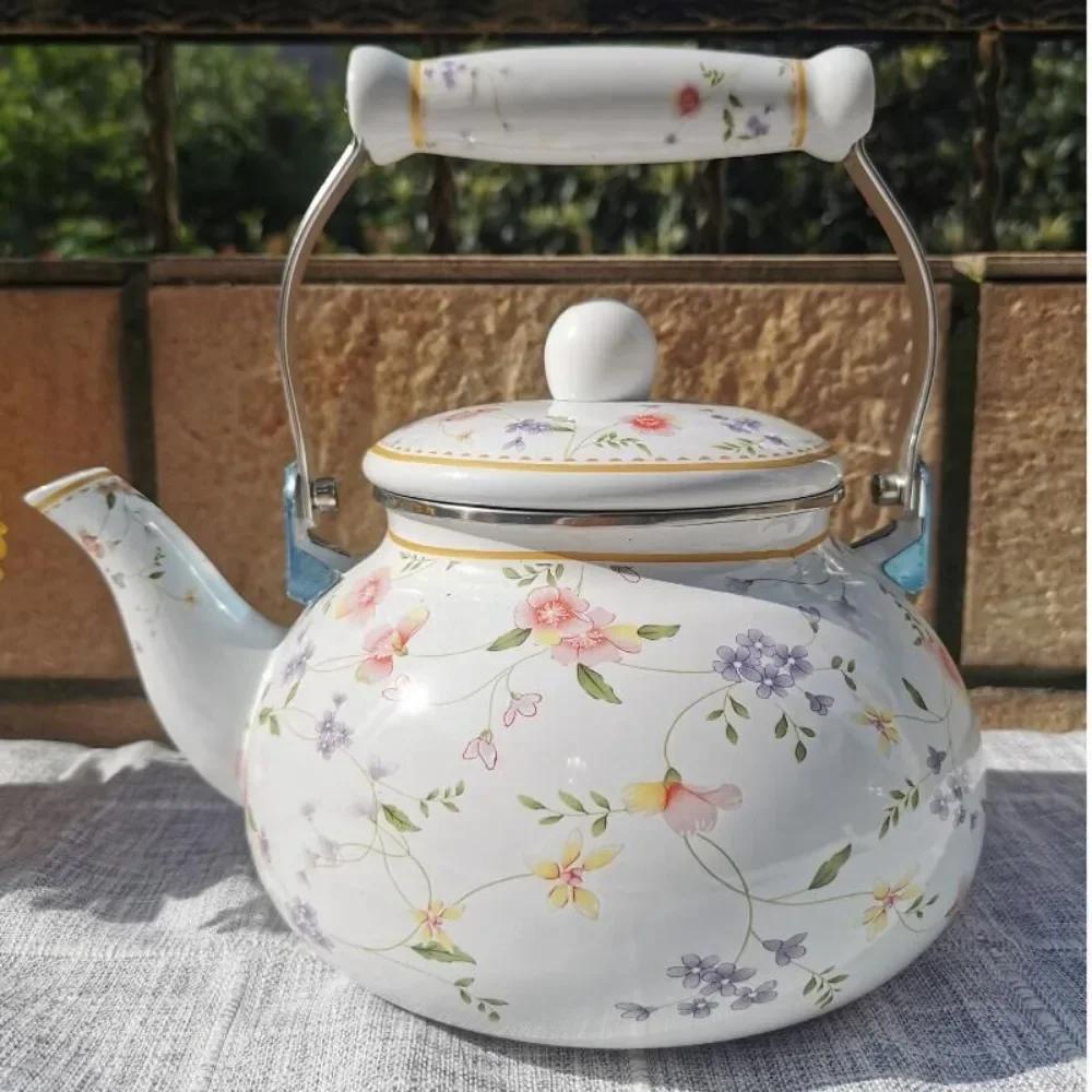 Emaille-Teekanne im chinesischen Stil 2,5L/1,5L, Anti-Verbrühungsgriff, Gasherd-Kessel, birnenförmige florale Emaille-Kaffeekanne