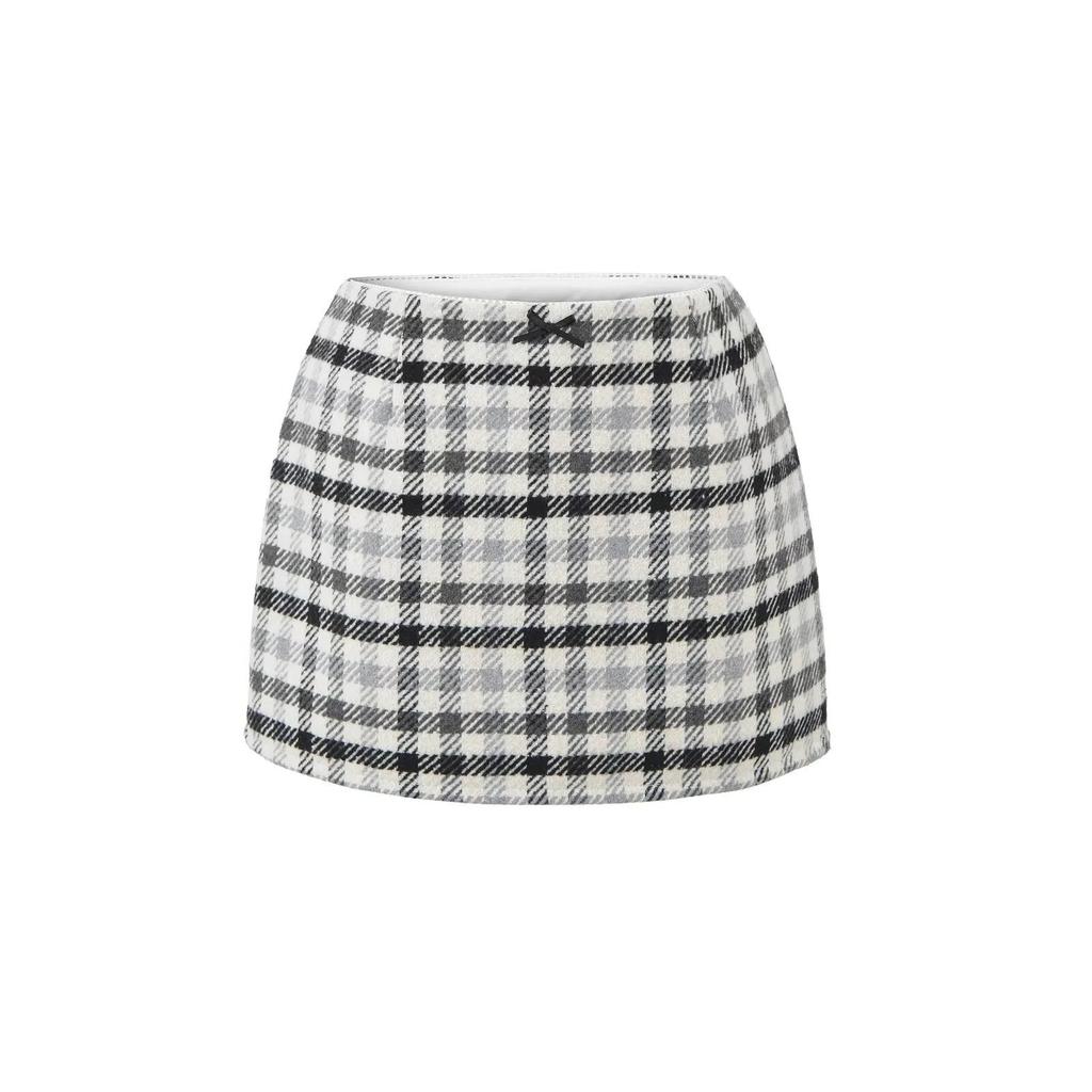 Retro Plaid Low-Waist A-Line Mini Skirt with Bowknot - Women's Autumn/Winter Hip-Hugging Skirt