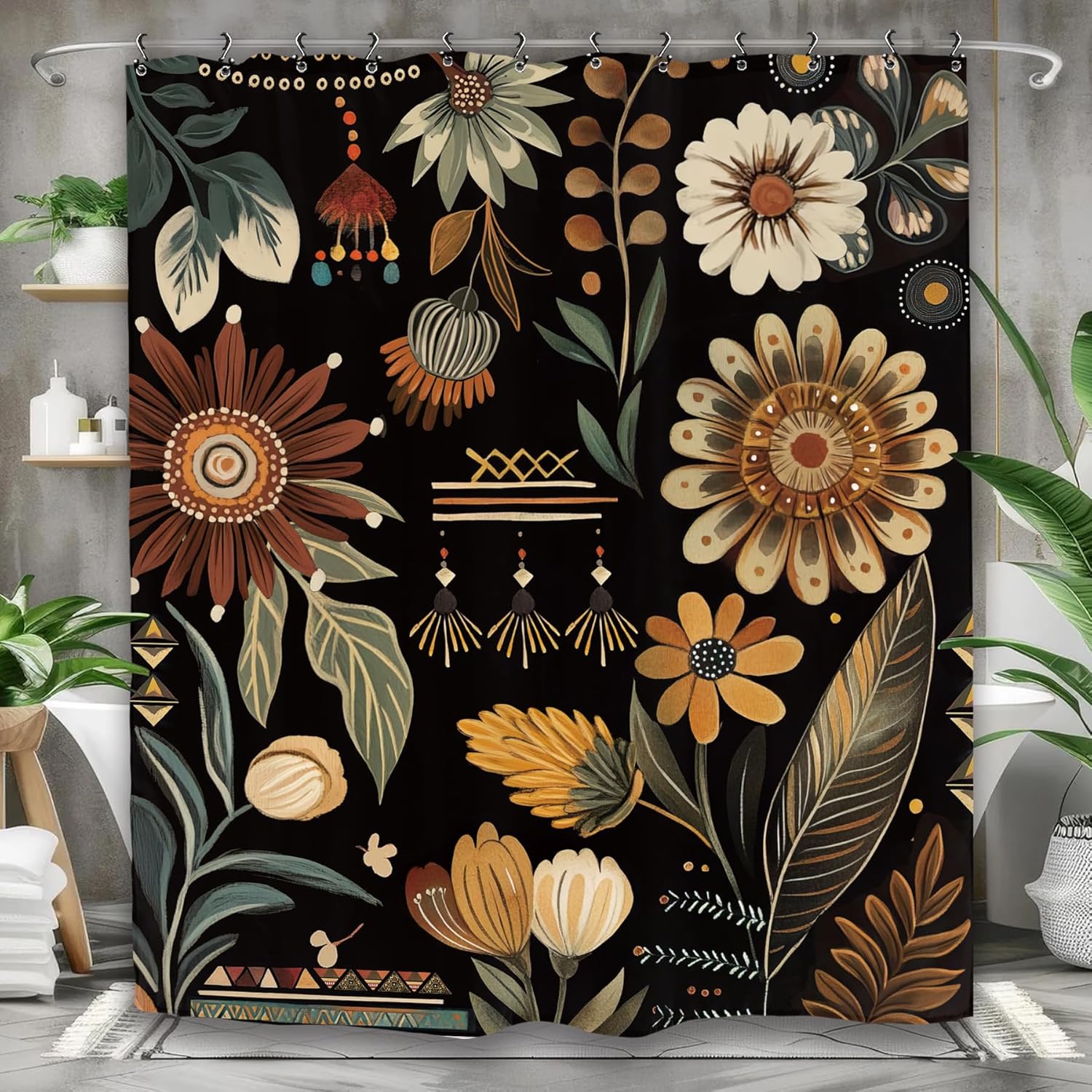 

Black Flower Botanical Shower Curtain, Vintage Bohemian Blossom Plant Theme Bathroom Decor 90x180CM