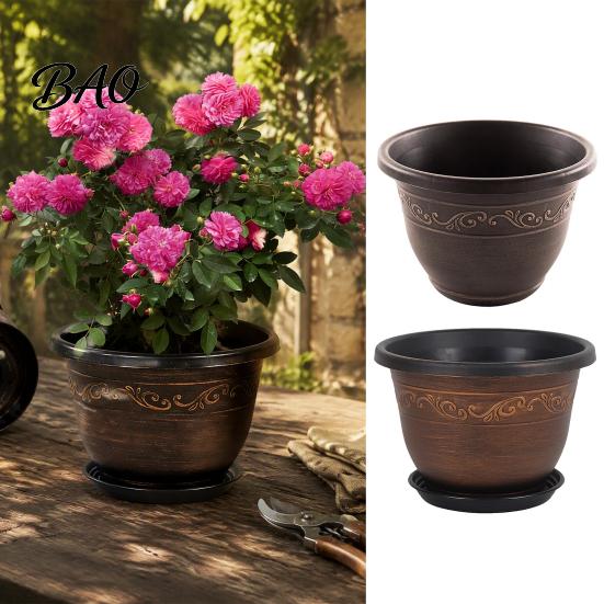 Weather Resistant Garden Pots Resin Flower Planters, Vintage Plant Pot with Drainage Hole & Saucer, Lightweight for Indoor Outdoor, Retro Imitation
